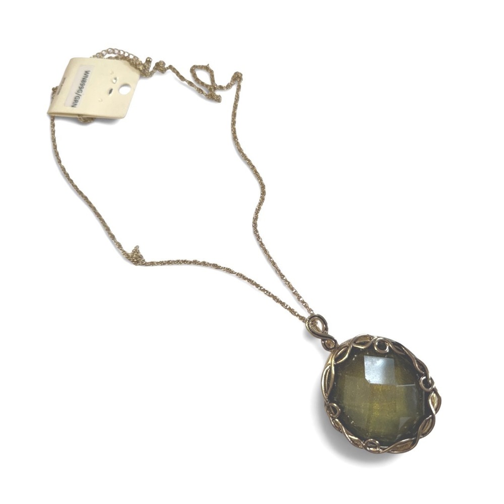 Olive Green Long Pendant Necklace Women 35in Faceted Acrylic Boho Statement NWT